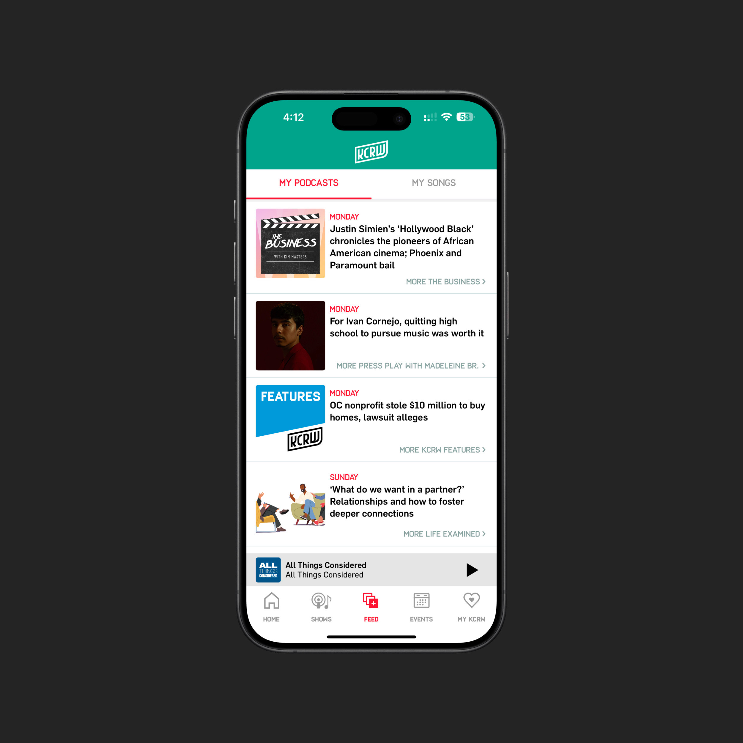 Screenshot of app showing a list of podcasts