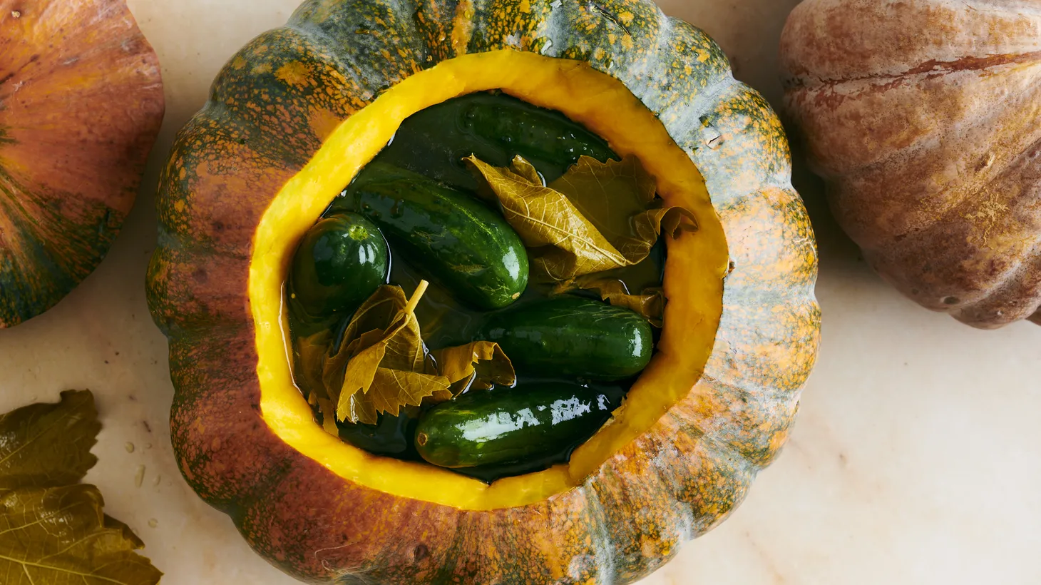 Cucumbers brined in pumpkin is a traditional Russian dish.