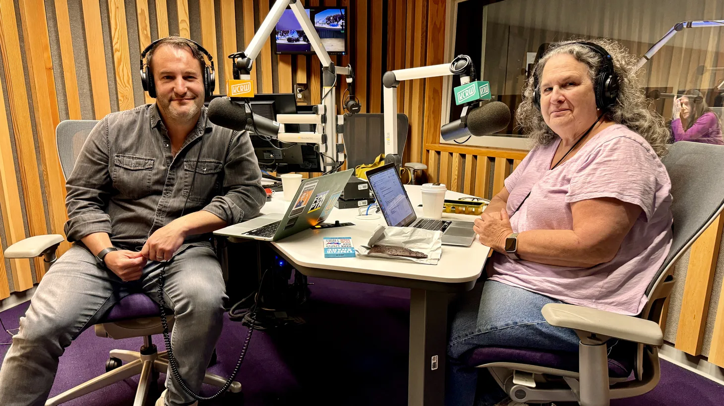 Left, Right and Center host David Greene (left) explains gerrymandering to Good Food's Evan Kleiman.