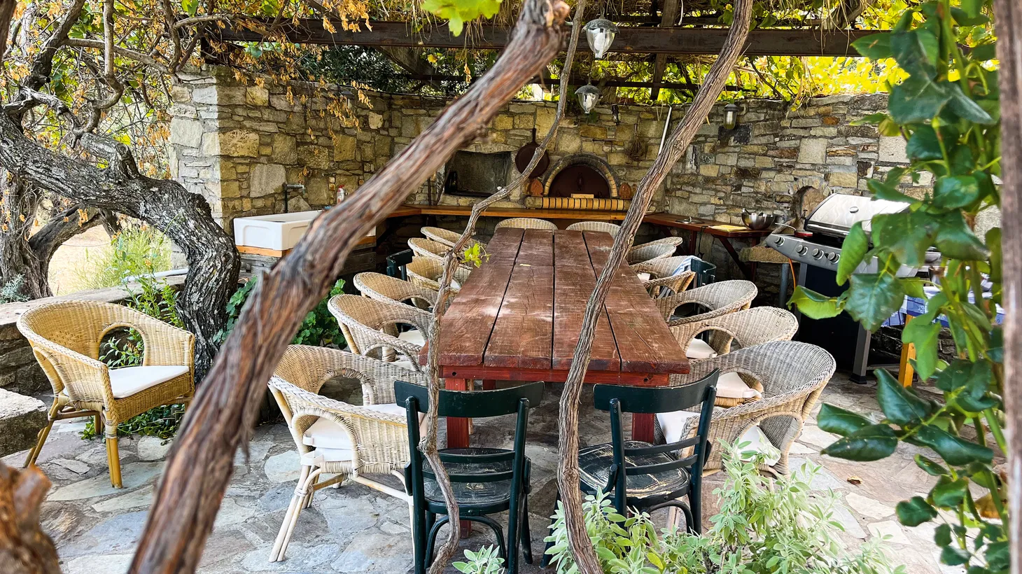 The table in Daine Kochilas' garden in Greece, where she hosts cooking classes.