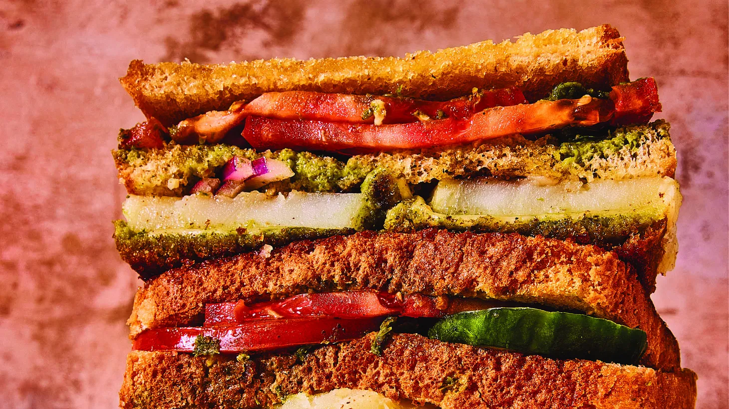 Perfect for summer, a stacked sandwich features chaat masala and cilantro-mint chutney.