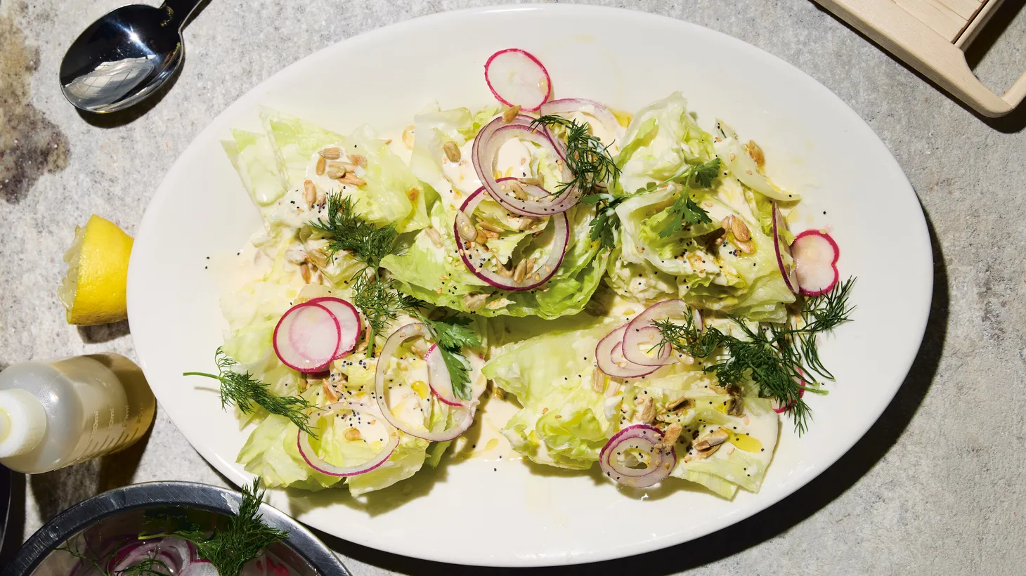 Barghani sets aside chicories and bitter greens as the days warm up, topping them with a variation of a ranch dressing that involves tahini.