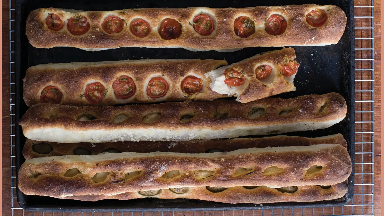 This stecca (which means "stick" in Italian) is based on faster-rising pizza dough that's stretched into narrow ropes.