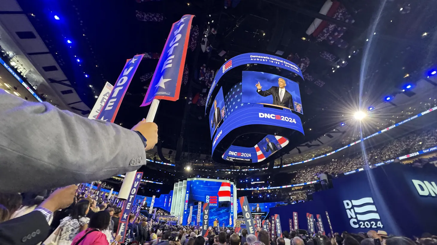 Former President Barack Obama speaks at the Democratic National Convention in Chicago.