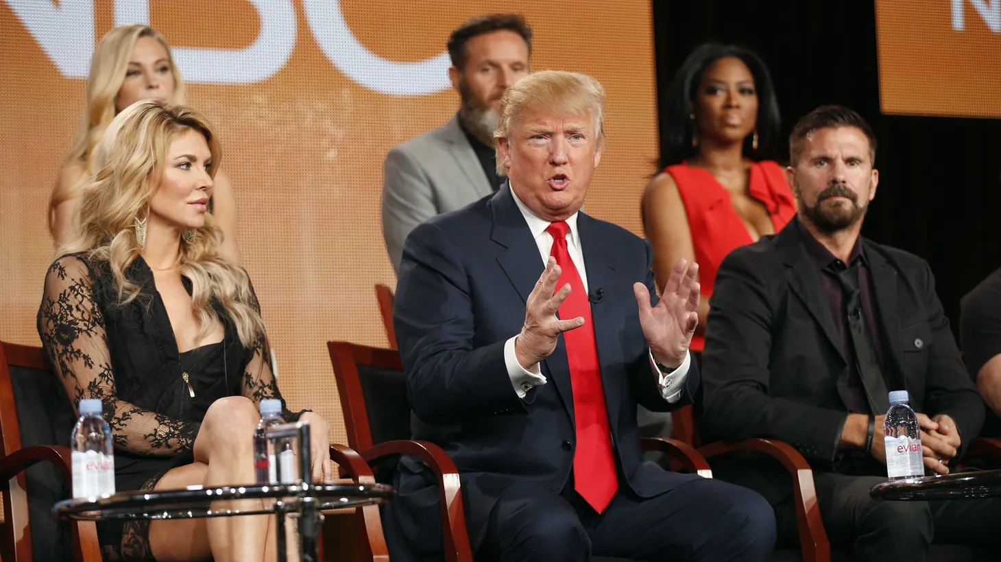 Executive Producer and host Donald Trump (C) speaks about the NBC television show "The Celebrity Apprentice" during the TCA presentations in Pasadena, California, January 16, 2015.