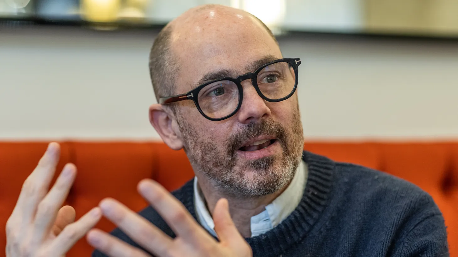 German director Edward Berger speaks during an interview with Deutsche Presse Agentur at Cinecitta Film Studios in Rome, Italy.