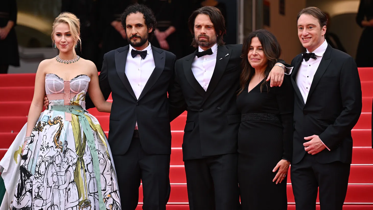 Maria Bakalova, Ali Abbasi, Sebastian Stan, Amy Baer, and Gabriel Sherman arriving at The Apprentice premiere, Palais des Festival, part of the 77th edition of The Cannes Film Festival.