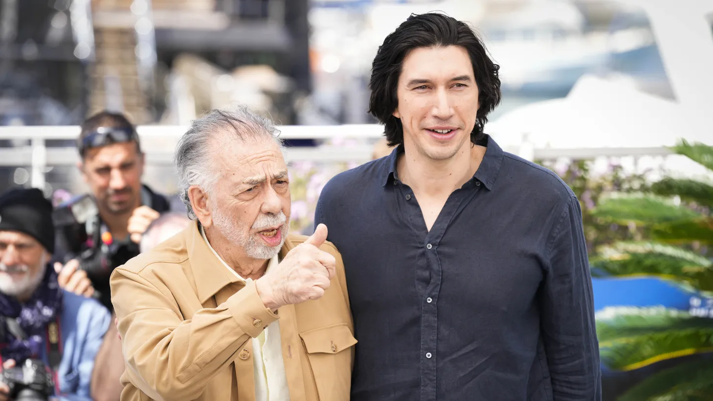 Director Francis Ford Coppola and Adam Driver during a photocall for the film ''Megalopolis'' at the 77th edition of the Cannes Film Festival in Cannes, southern France — May 17, 2024.