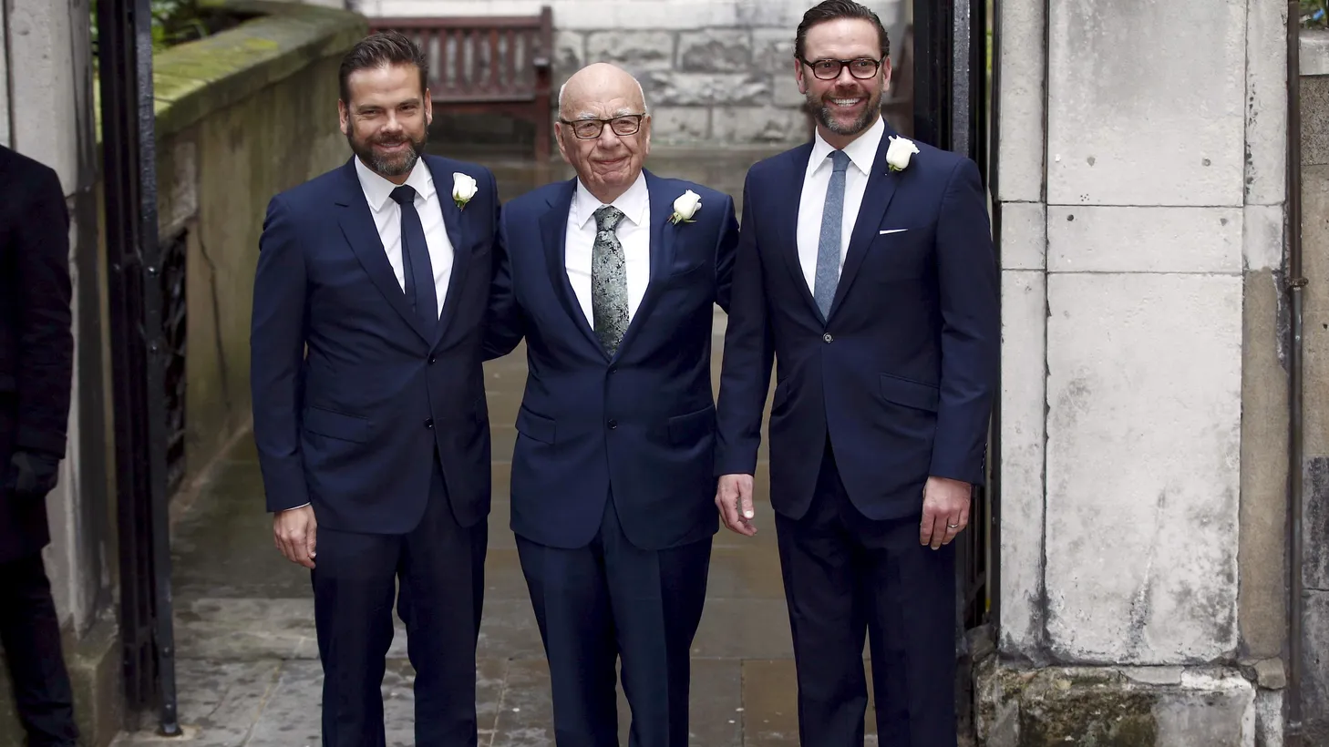 (L to R) Lachlan Murdoch, Rupert Murdoch, and James Murdoch in London, Britain — March 5, 2016.