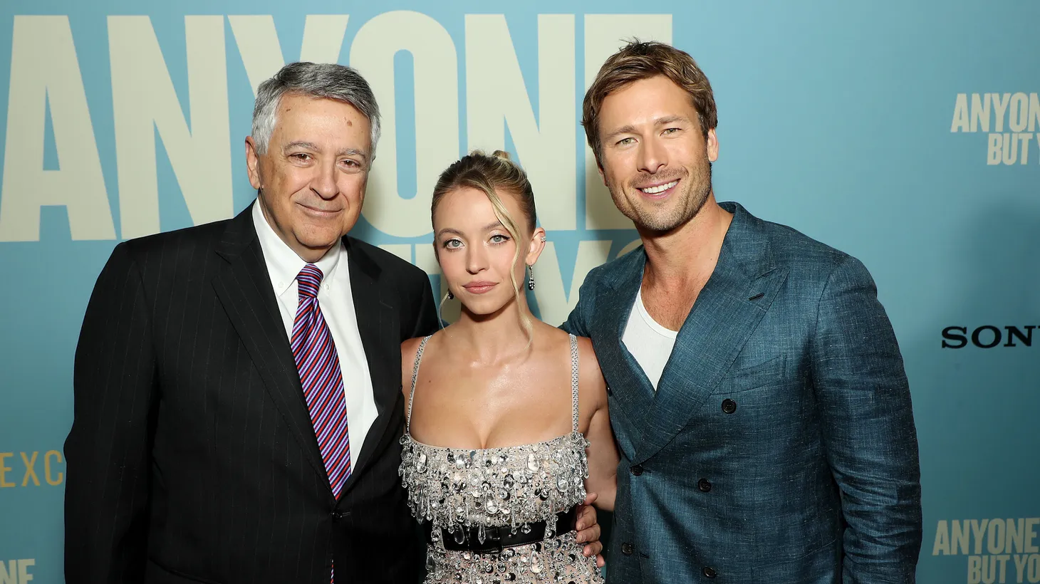 Tony Vinciquerra (Chairman and CEO Sony Pictures Entertainment), Sydney Sweeney, and Glen Powell at the New York Premiere Of “Anyone But You.” AMC Lincoln Square, Dec. 11, 2023.