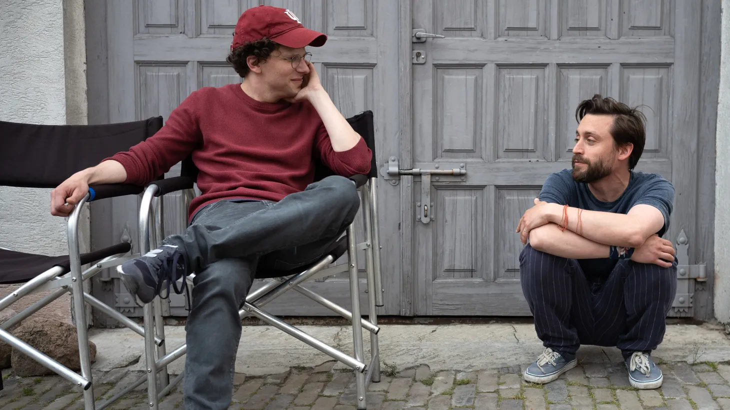 Jesse Eisenberg and Kieran Culkin on the set of A REAL PAIN.