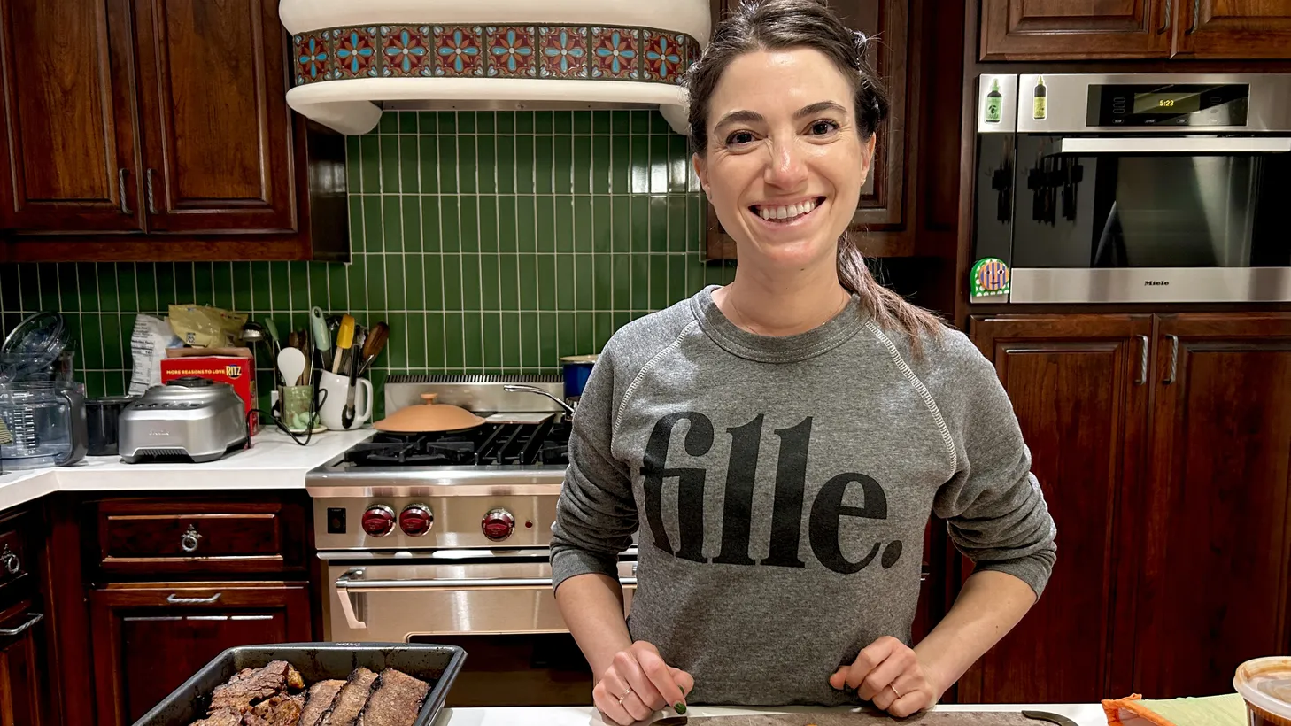 In her West LA kitchen, Natasha Feldman is testing recipes for her Hanukkah pop-up, Festivus: A Hanukkah BBQ.