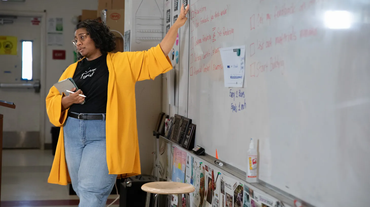Former LAUSD theater teacher Estella Owoimaha-Church gives instructions in her classroom at Edward R. Roybal Learning Center. She left the profession in 2022.
