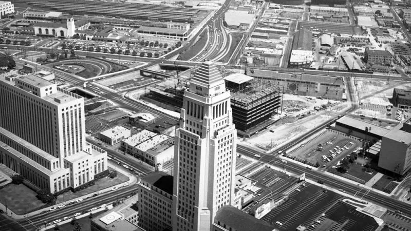 This aerial view shows Los Angeles City Hall, the county courthouse (bottom left), and other government buildings in August 1963.