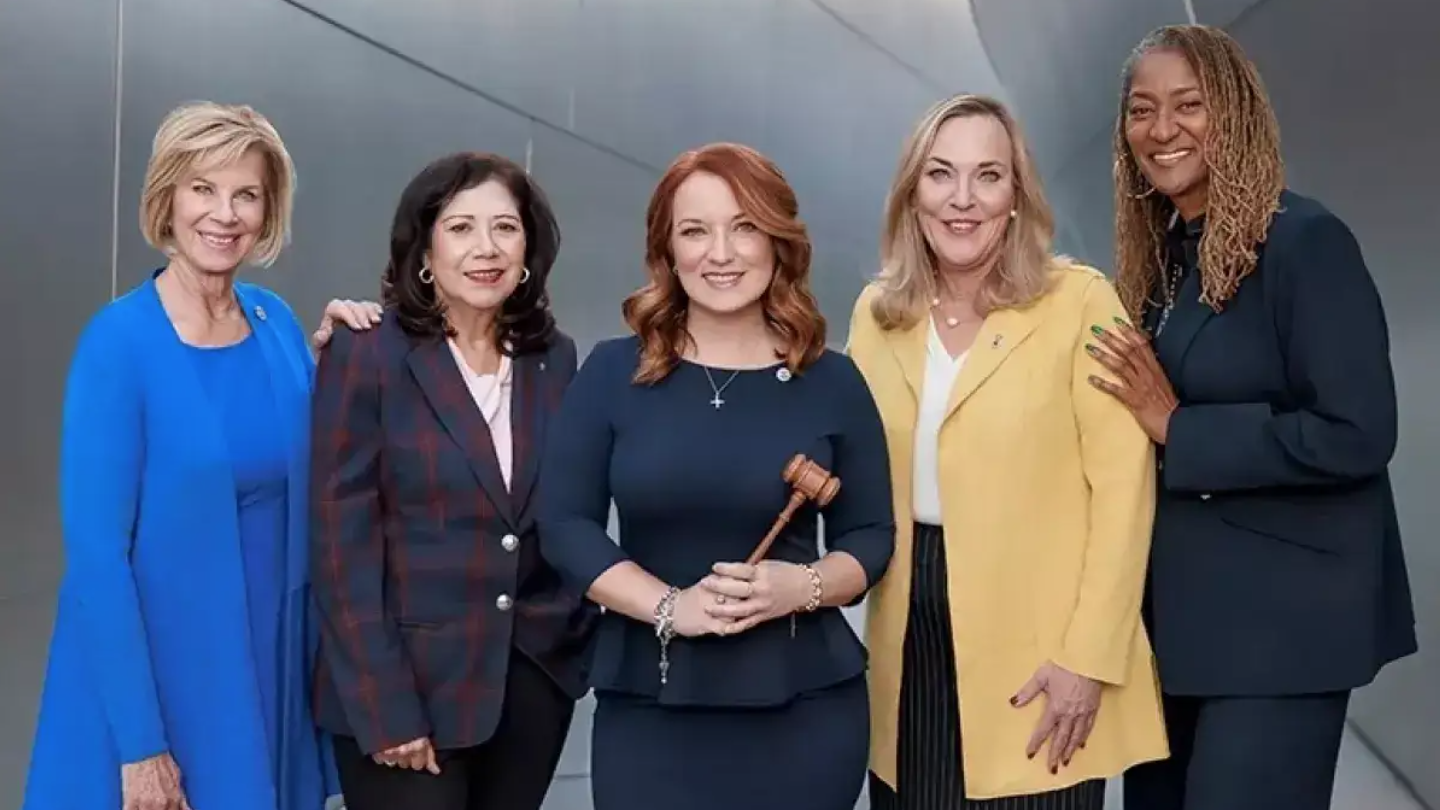 Left to right: Janice Hahn, Hilda Solis, Lindsey Horvath, Kathryn Barger, and Holly Mitchell comprise the LA Board of Supervisors. These five members currently have about 2 million constituents each. Measure G on the November ballot would cut that in half.