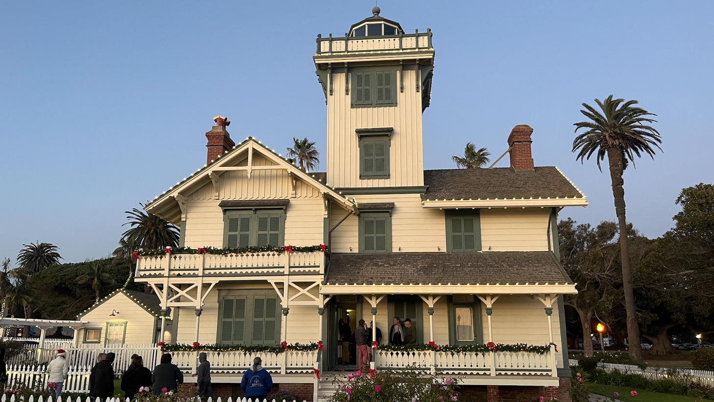 Point Fermin Lighthouse sits, adorned in holiday decorations, in the early evening on December 15, 2024. The lighthouse turned 150 years old this year.