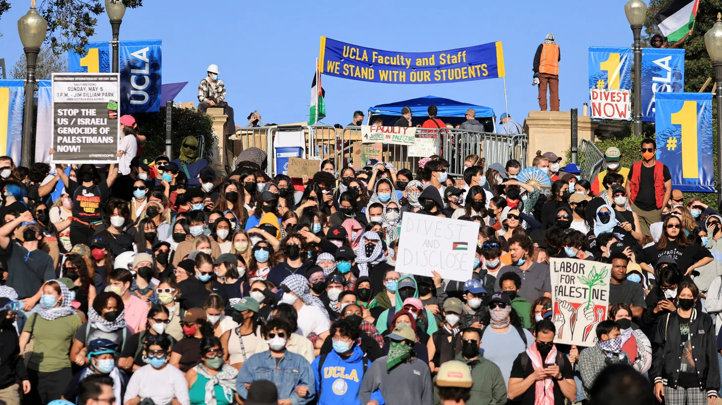 Activists gather at the University of California, Los Angeles (UCLA) as the conflict between Israel and Hamas continues, May 1, 2024.