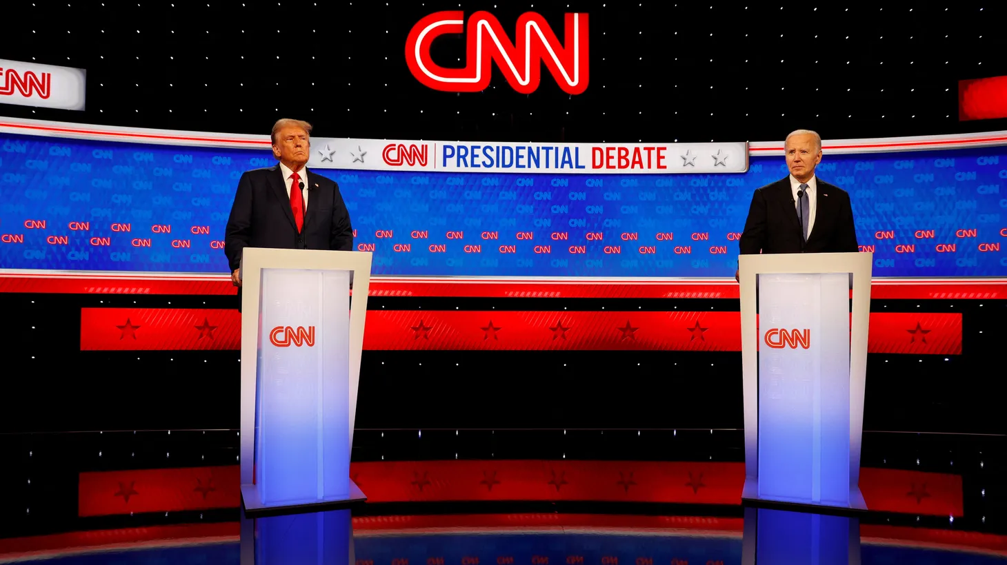 U.S. President Joe Biden and Republican presidential candidate and former U.S. President Donald Trump attend the first presidential debate hosted by CNN in Atlanta, Georgia, U.S., June 27, 2024