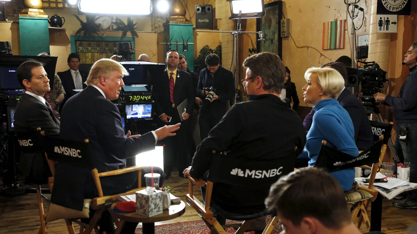 Donald Trump talks to host Joe Scarborough during an appearance on MSNBC's “Morning Joe” at Java Joe's CoffeeHouse in Des Moines, Iowa, January 15, 2016.