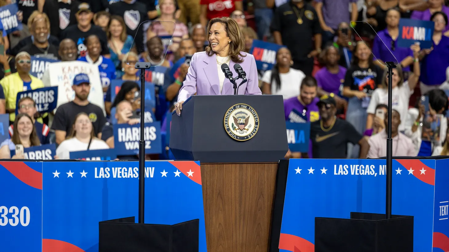 Kamala Harris and her running mate, Tim Walz, attend a campaign rally at the University of Las Vegas in Las Vegas, Nevada, U.S., August 10, 2024.