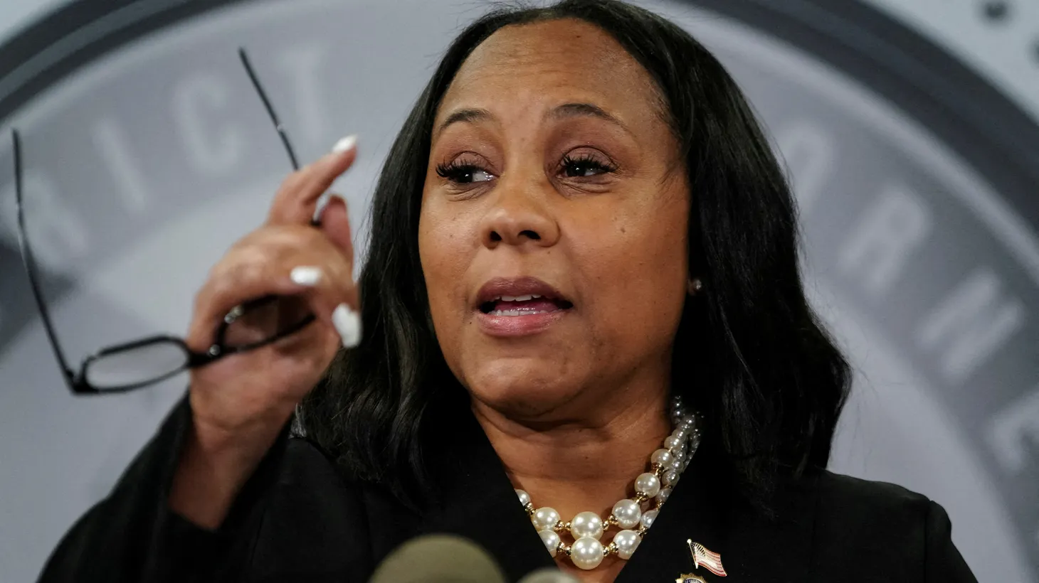 Fulton County District Attorney Fani Willis speaks to the media after a grand jury brought back indictments against former president Donald Trump and 18 of his allies, in Atlanta, Georgia, U.S. on August 14, 2023.