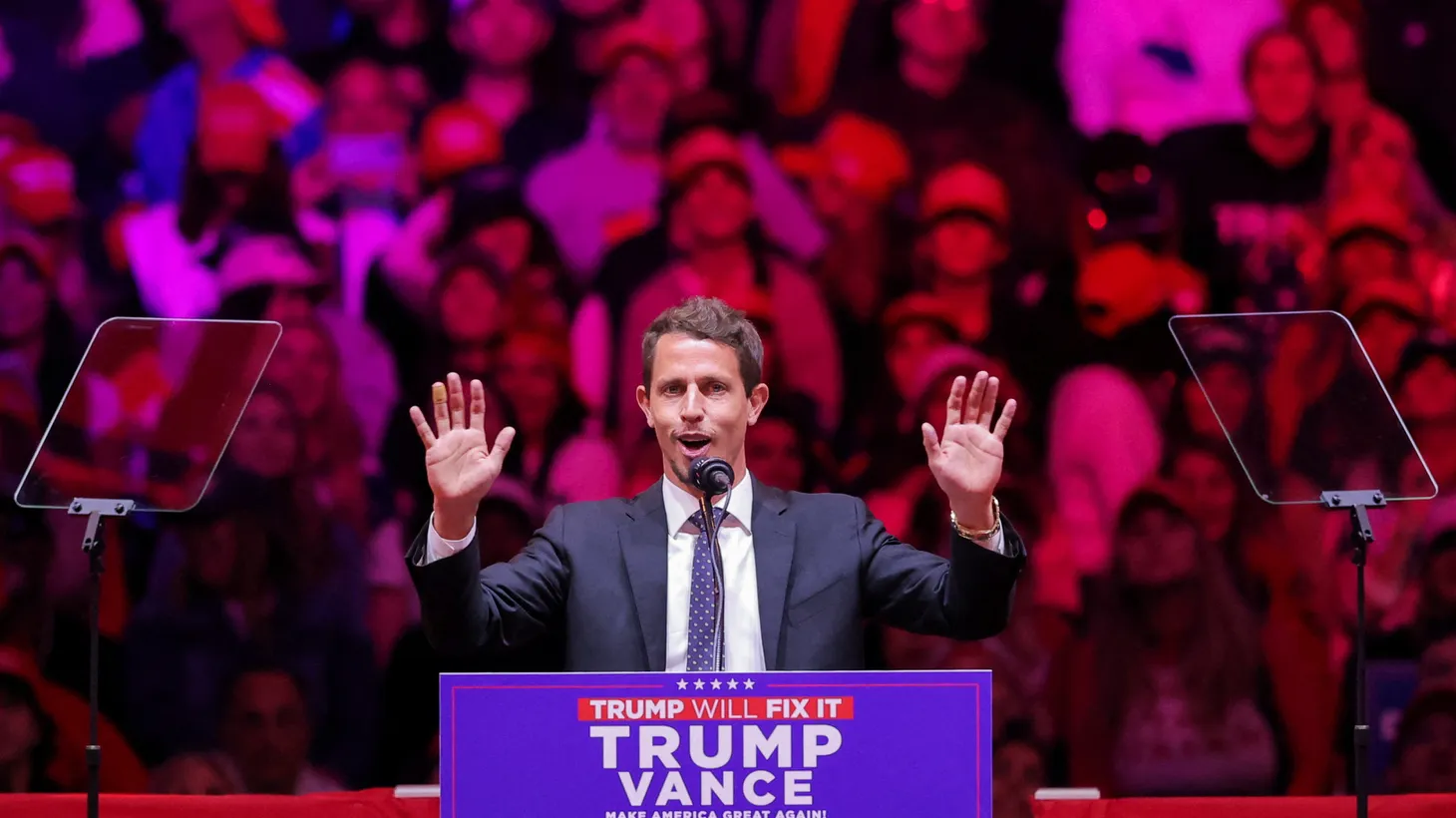 Comedian Tony Hinchcliffe speaks during Donald Trump’s rally at Madison Square Garden in New York on October 27, 2024.