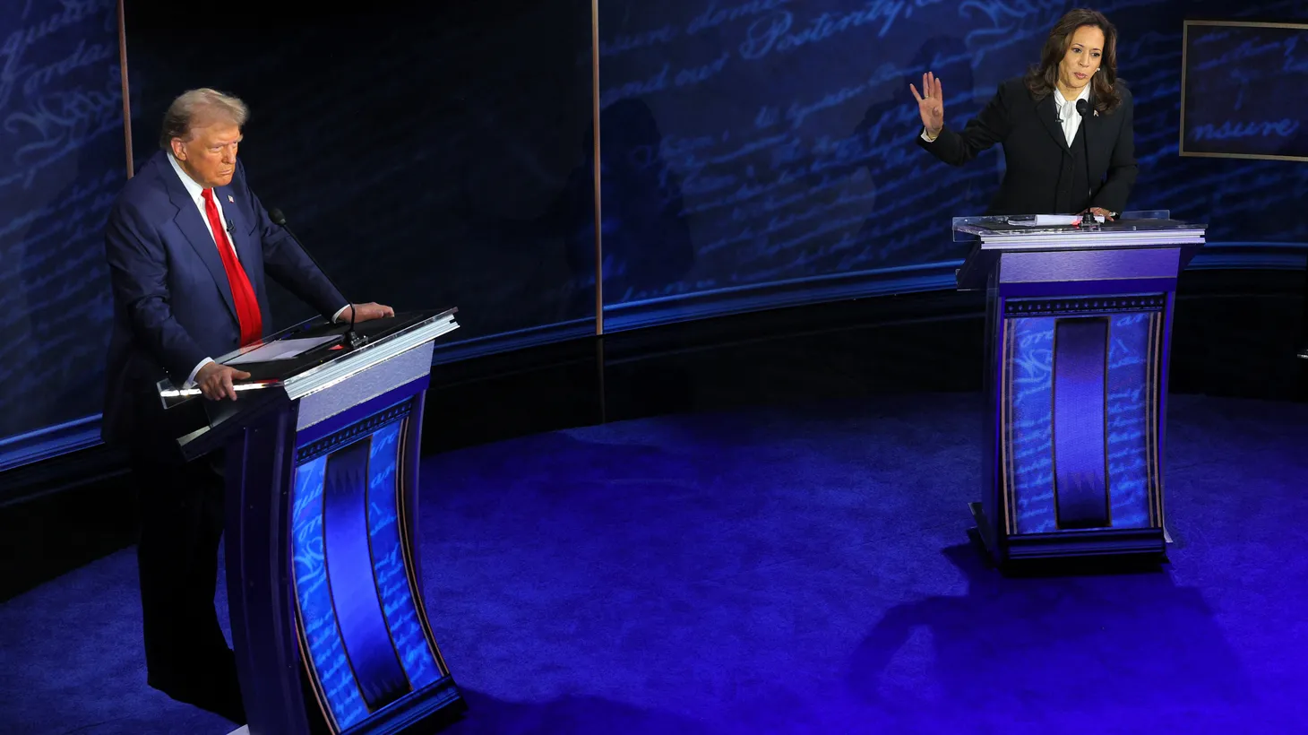 U.S. Vice President Kamala Harris and former U.S. President Donald Trump meet at the presidential debate hosted by ABC in Philadelphia, Pennsylvania, U.S., September 10, 2024.