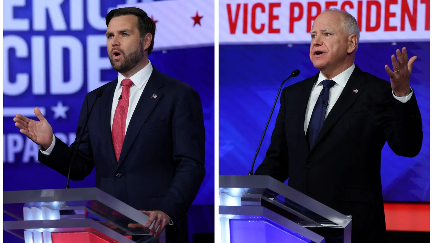 J.D. Vance (left) and Tim Walz (right) participate in the vice presidential debate in New York on October 1, 2024.