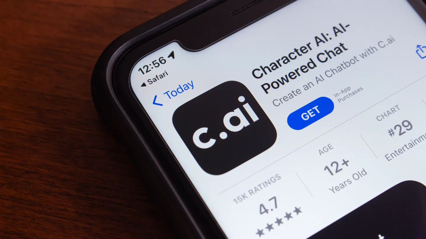 Character.AI is displayed in the App Store on an iPhone screen.