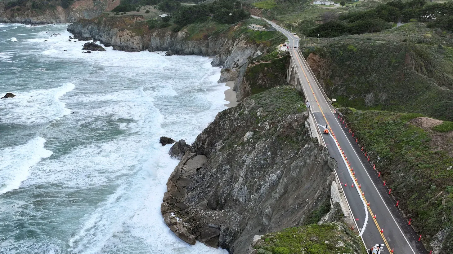 A drone view shows Highway 1 and the waves below after severe weather and heavy rains caused a partial collapse of the road near Big Sur, California, U.S., April 5, 2024.