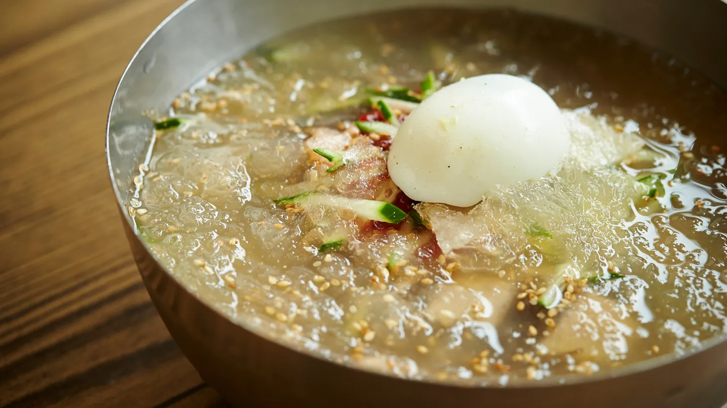 When it’s hot outside, satiate your hunger with cold buckwheat noodles in a radish water kimchi broth.