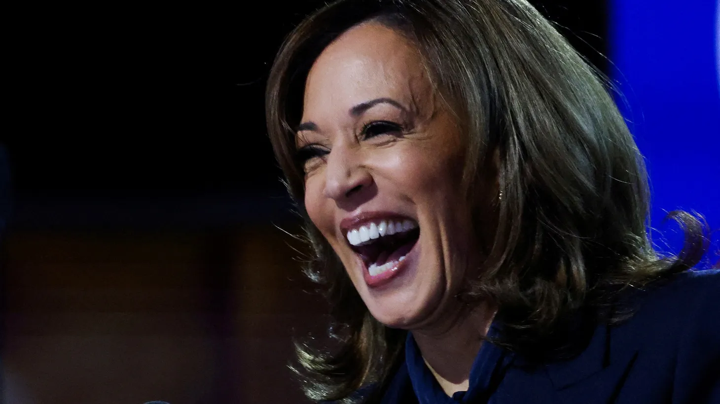 Democratic presidential nominee and U.S. Vice President Kamala Harris laughs on Day 4 of the Democratic National Convention (DNC) at the United Center in Chicago, Illinois, U.S., August 22, 2024.