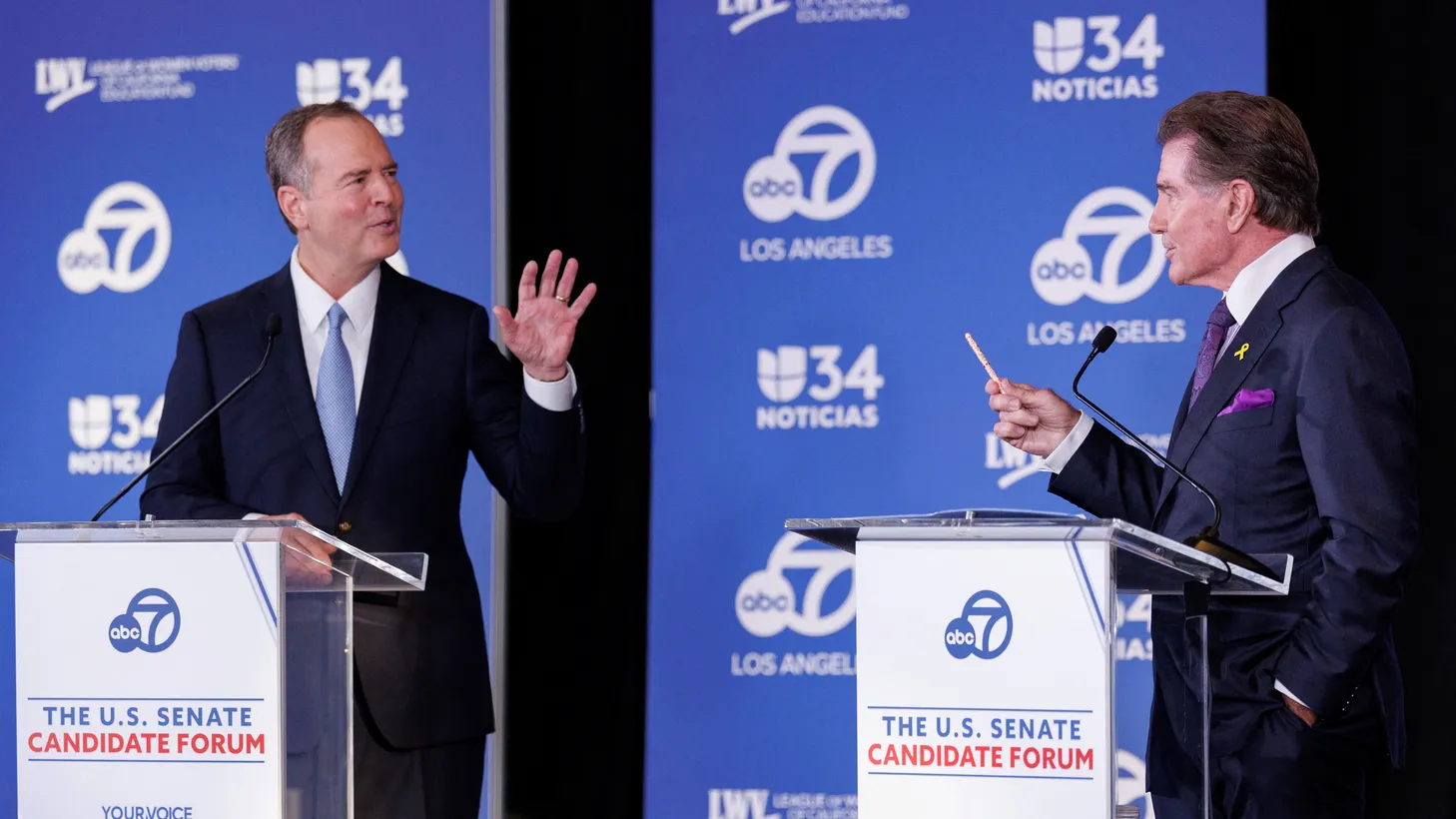 California U.S. Senate candidates Rep. Adam Schiff, D-CA, and Republican former Los Angeles Dodger Steve Garvey participate in the 2024 California U.S. Senate Candidate Forum in Glendale, California, U.S., October 8, 2024.