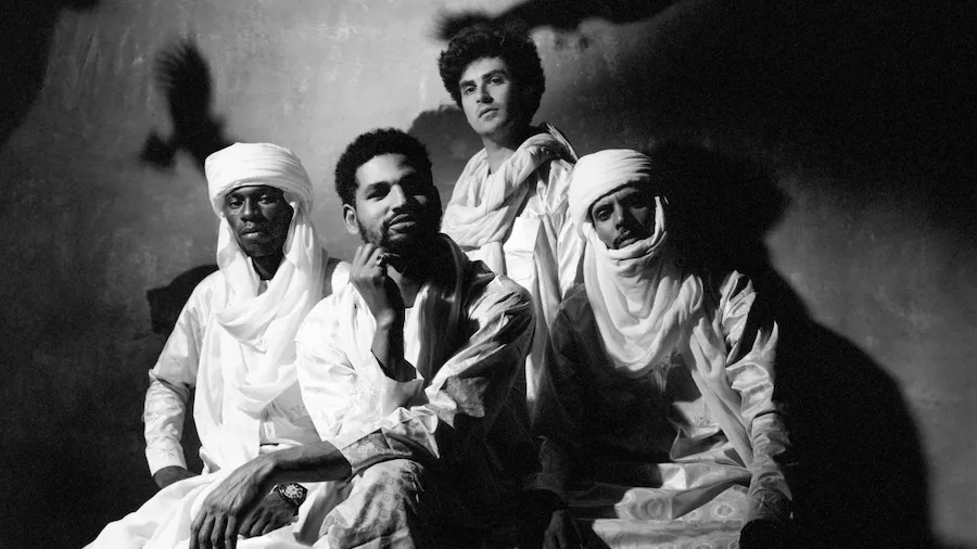 Mdou Moctar (center) appears with his band.