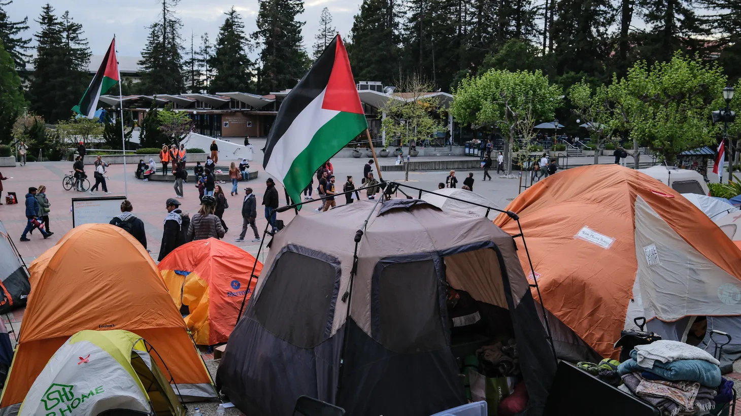 Students and professors hold the "Gaza Solidarity Encampment" at the University of California, Berkeley, with Palestine flags topping tents outside Sproul Hall.