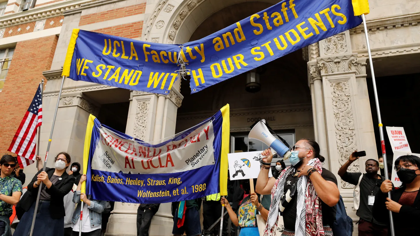 Pro-Palestinian activists demonstrate at the University of California, Los Angeles (UCLA), amid the ongoing conflict between Israel and Palestinian Islamist group Hamas, May 23, 2024.