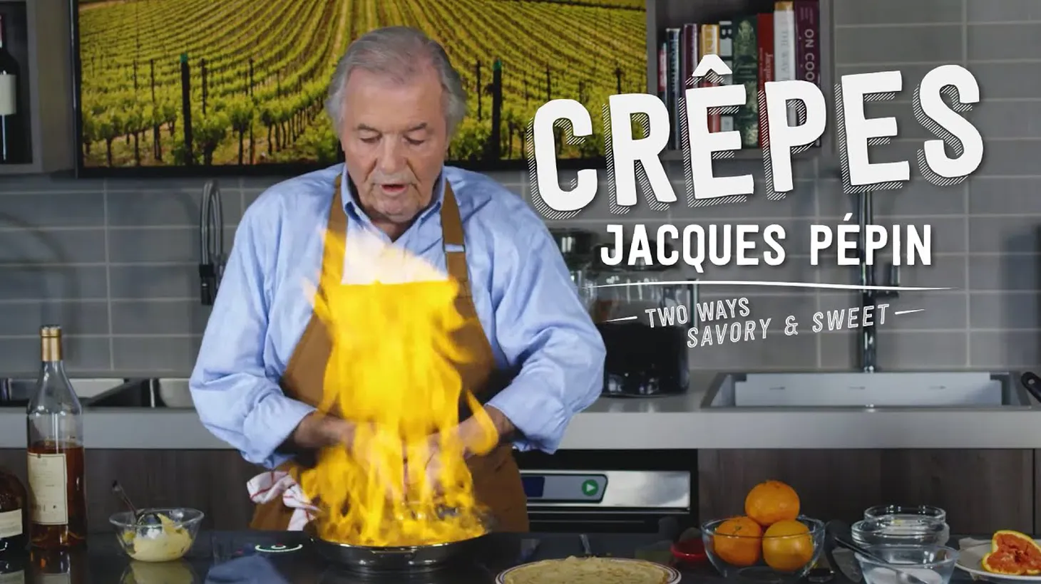 Master teacher Jacques Pépin demonstrates his recipe for Crêpes Suzette, and he makes a savory-filled crêpe.