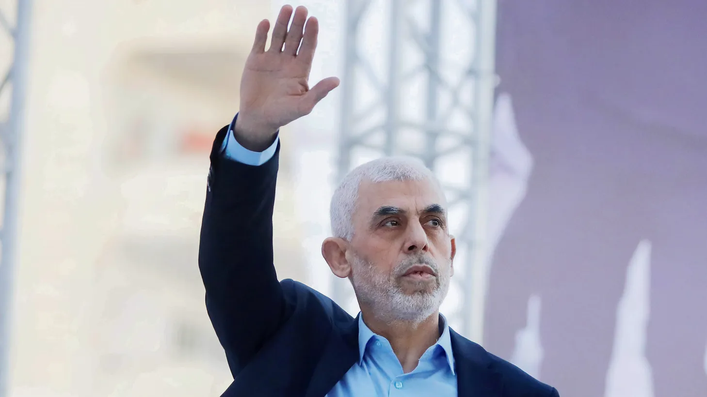 Yahya Sinwar waves to the crowd during the celebration of International Quds Day in Gaza City, April 14, 2023.