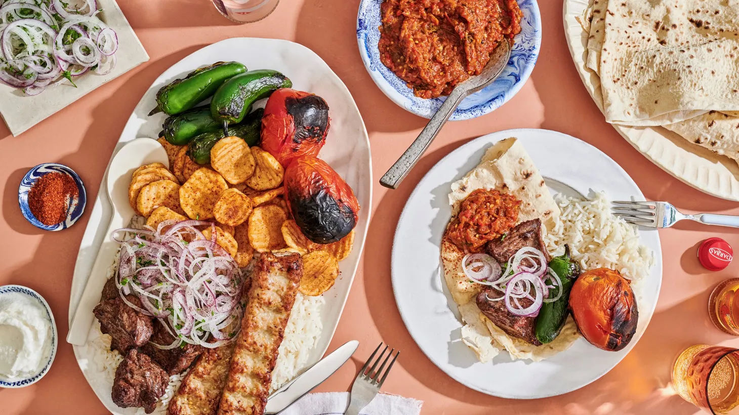 This spread from Mini-Kabob in Glendale features beef shish kabob, chicken lule, homemade cottage fries, toum, eggplant caviar, onions with parsley salad, roasted veggies, rice, and lavash.