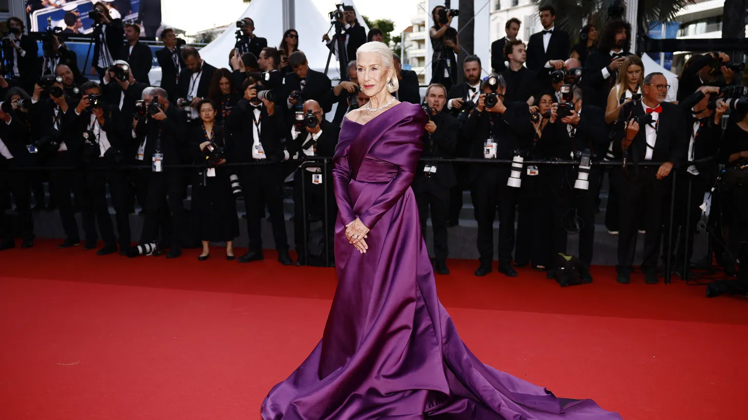 Helen Mirren poses on the red carpet during arrivals for the screening of the animated film "La plus precieuse des marchandises" (The Most Precious of Cargoes) in competition at the 77th Cannes Film Festival in Cannes, France, May 24, 2024.