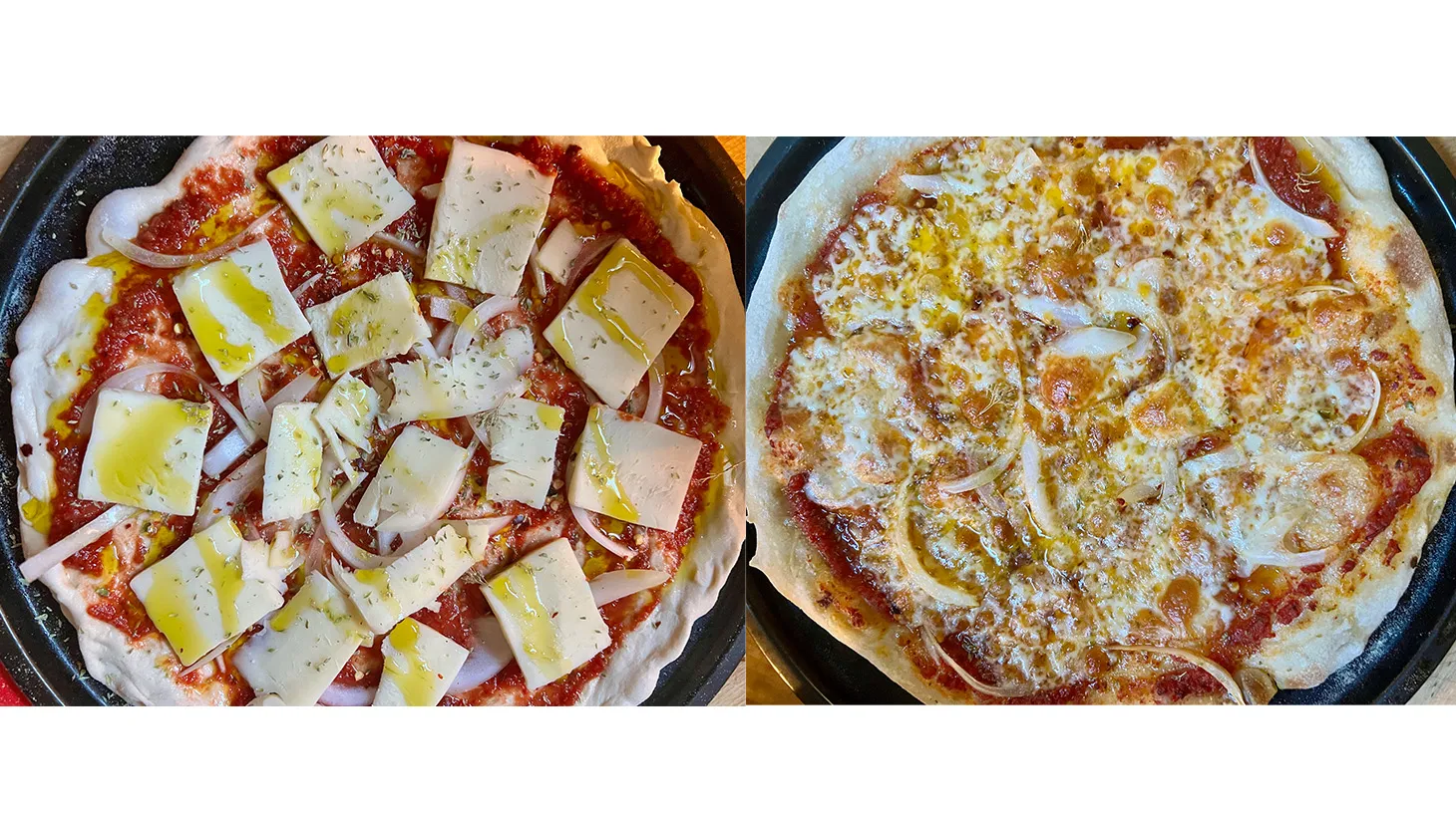 This before-and-after sequence shows pizza cooked in Evan Kleiman’s toaster oven.