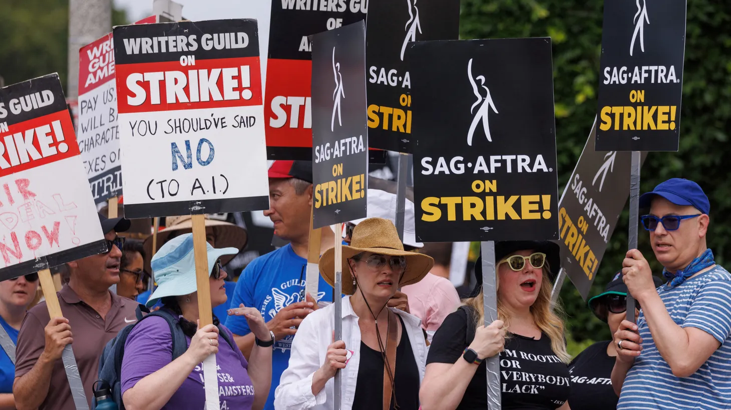 SAG-AFTRA actors and Writers Guild of America (WGA) writers walk the picket line in front of Paramount Studios in Los Angeles, California, U.S., July 17, 2023.