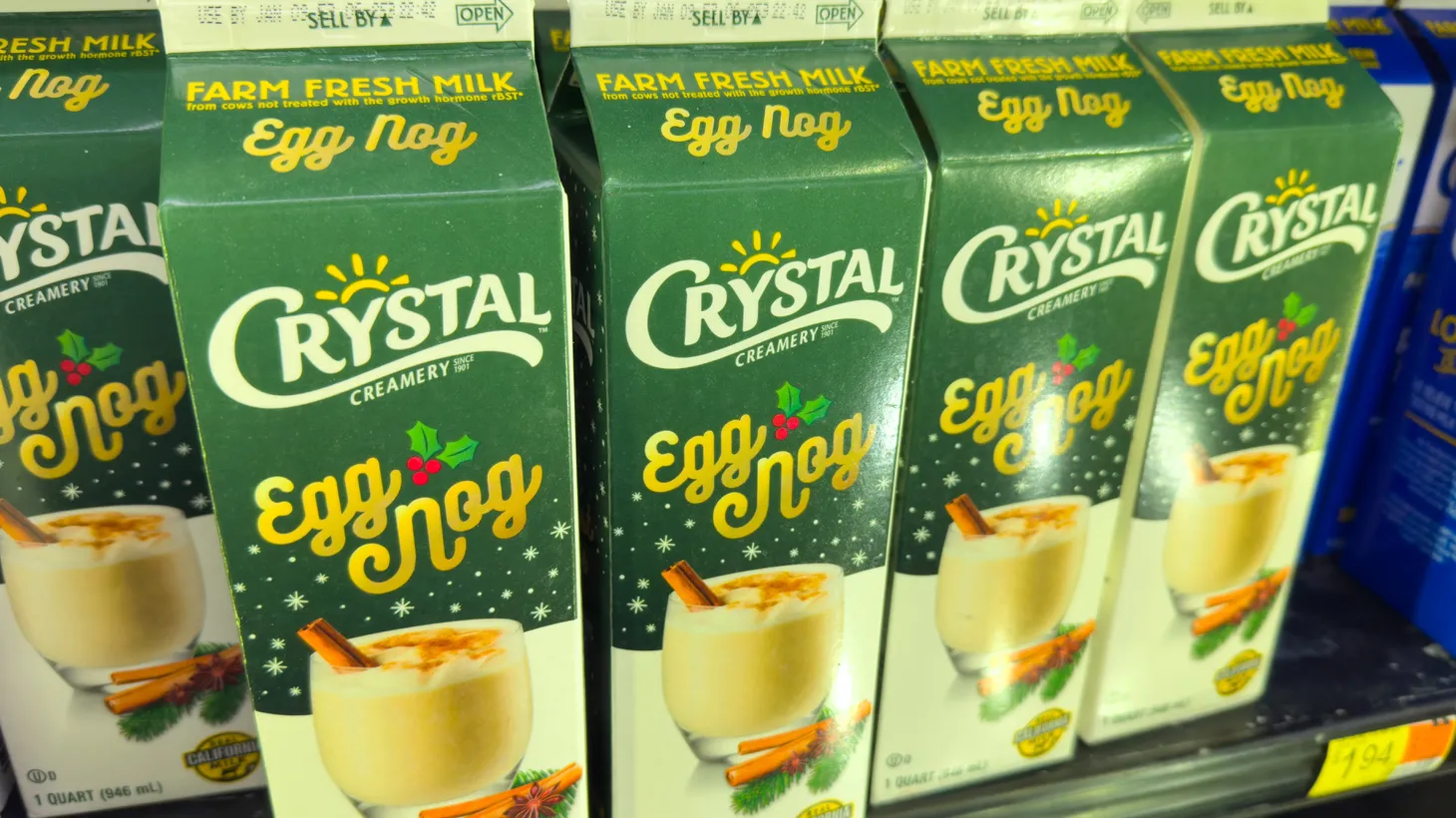 A “sell by” date is printed at the top of each eggnog carton in Los Angeles.