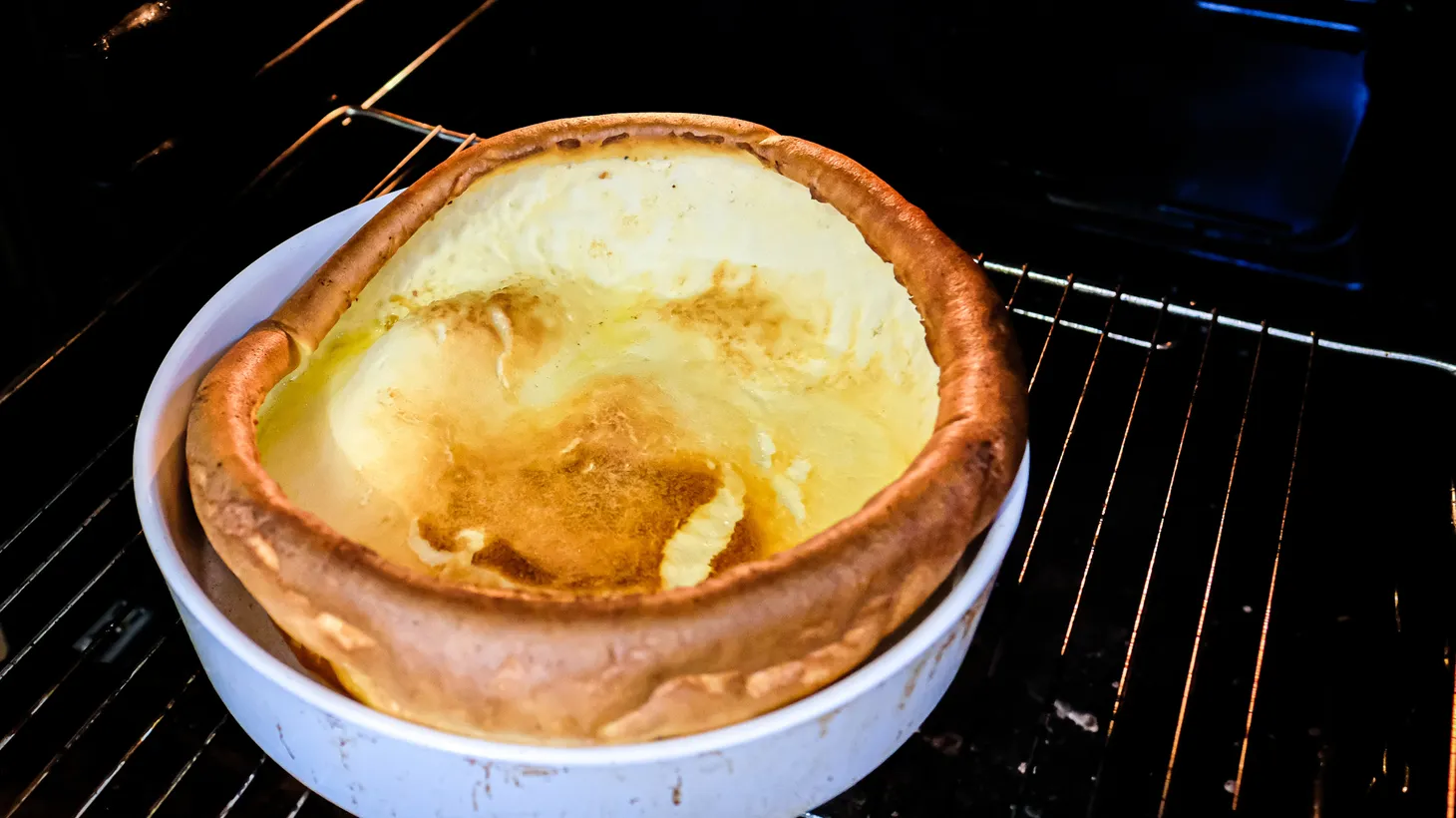 A simple Dutch baby is ready to come out of the oven.