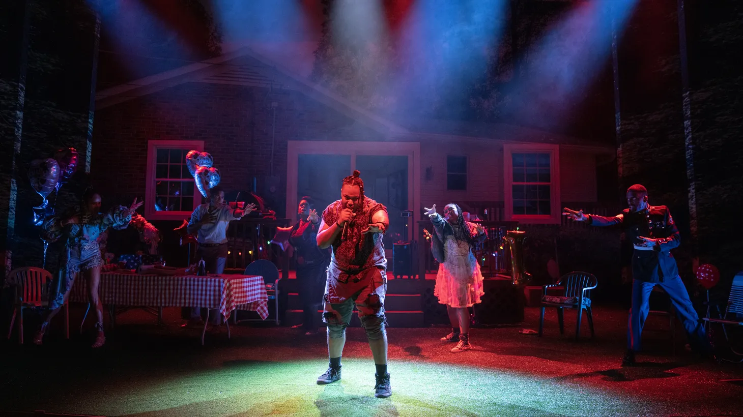 Marcel Spears (front, center) performs in “Fat Ham.” Rear left to right: Nikki Crawford, Billy Eugene Jones, Benja Kay Thomas, Adrianna Mitchell, Calvin Leon Smith.