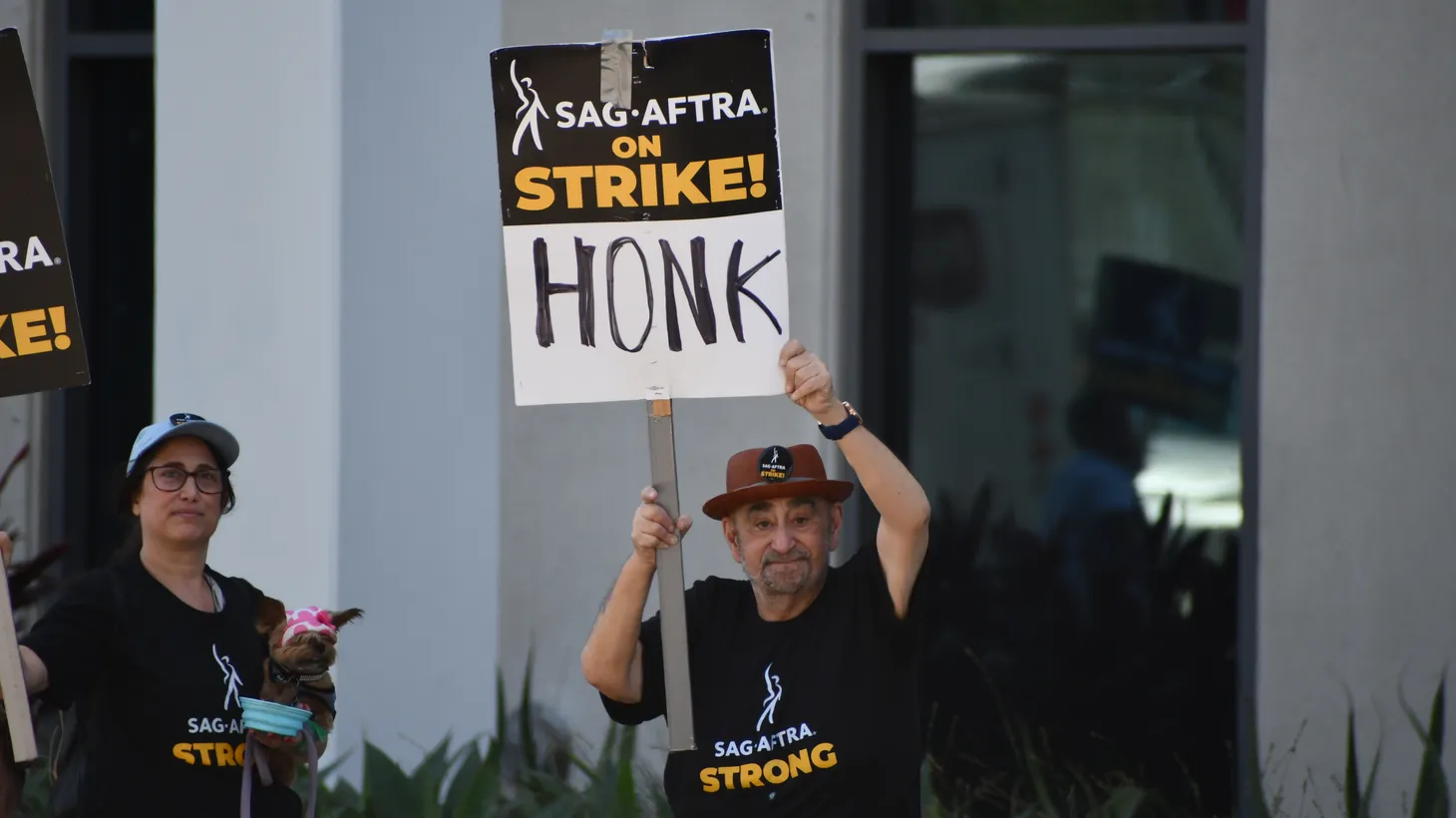 Actor Ken Davitian joins SAG-AFTRA protesters at Netflix headquarters in Hollywood, July 27, 2023.